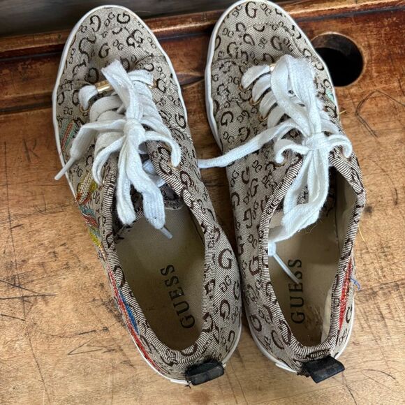 Guess Brown White Sneakers Colorful Embroidered Feather Design Women's 8 - Picture 7 of 13